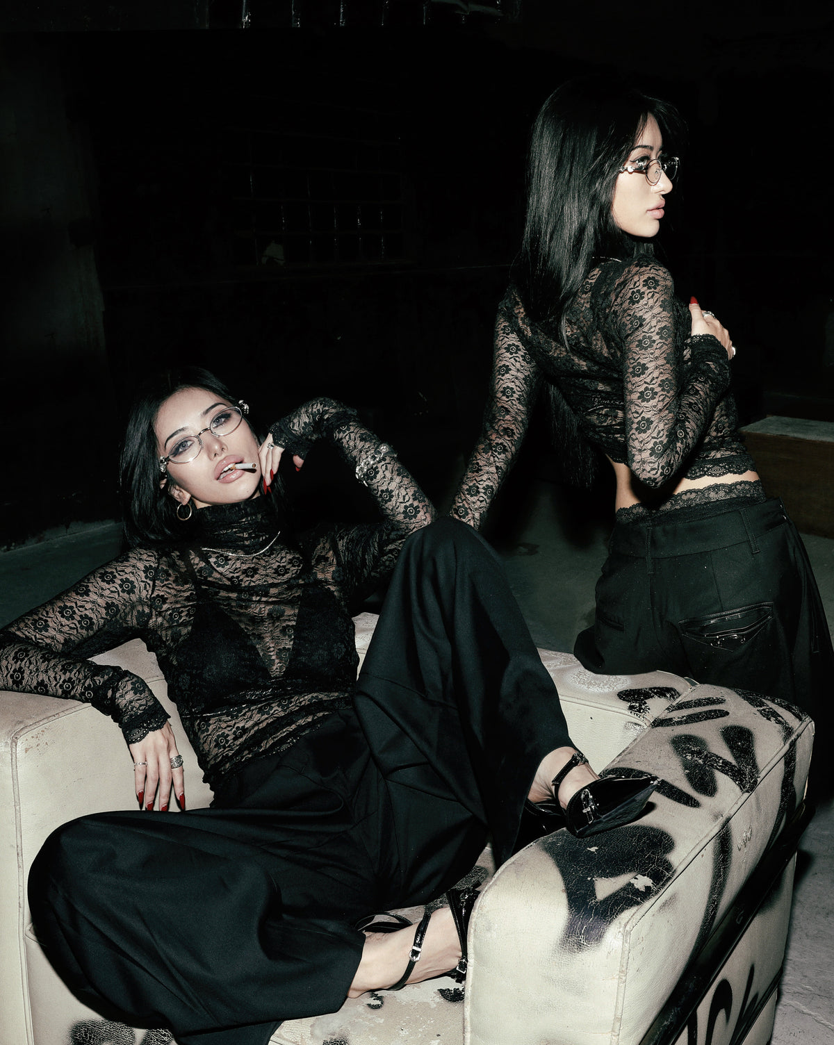 [w-tee26-282] H.B.B. Lace Turtleneck Long Sleeve - Black