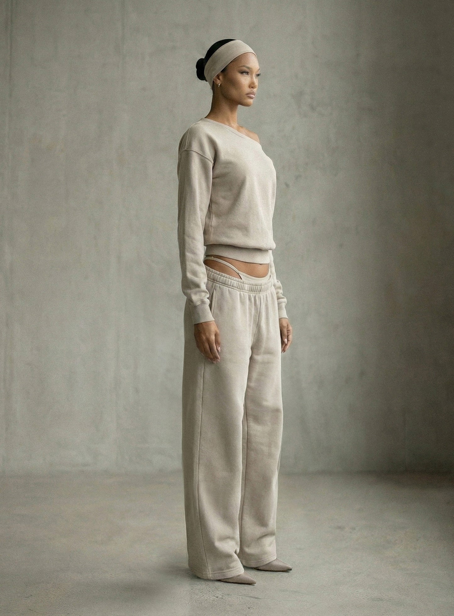 [w-sweatshirt26-005] BS Soft Terry Off-the-Shoulder Sweatshirt - Beige