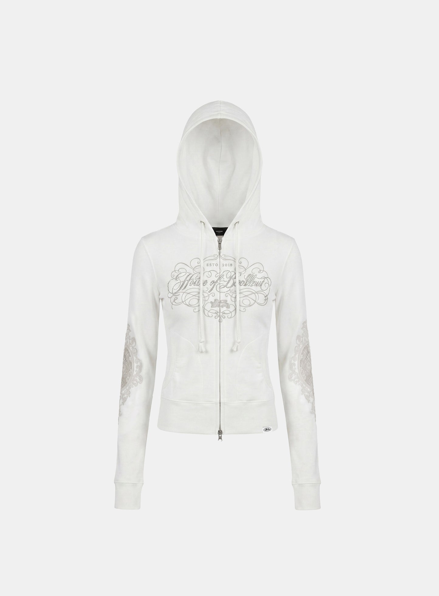 [w-hde26-052] H.B.B. Royal Lace Rhinestone Hooded Zip-Up - White