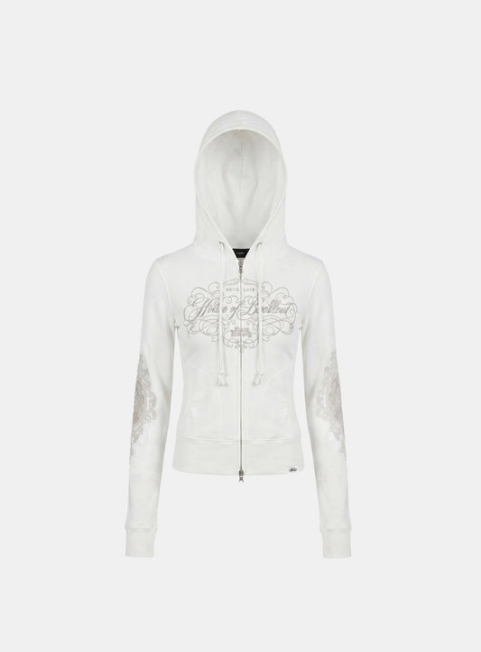 [w-hde26-052] H.B.B. Royal Lace Rhinestone Hooded Zip-Up - White