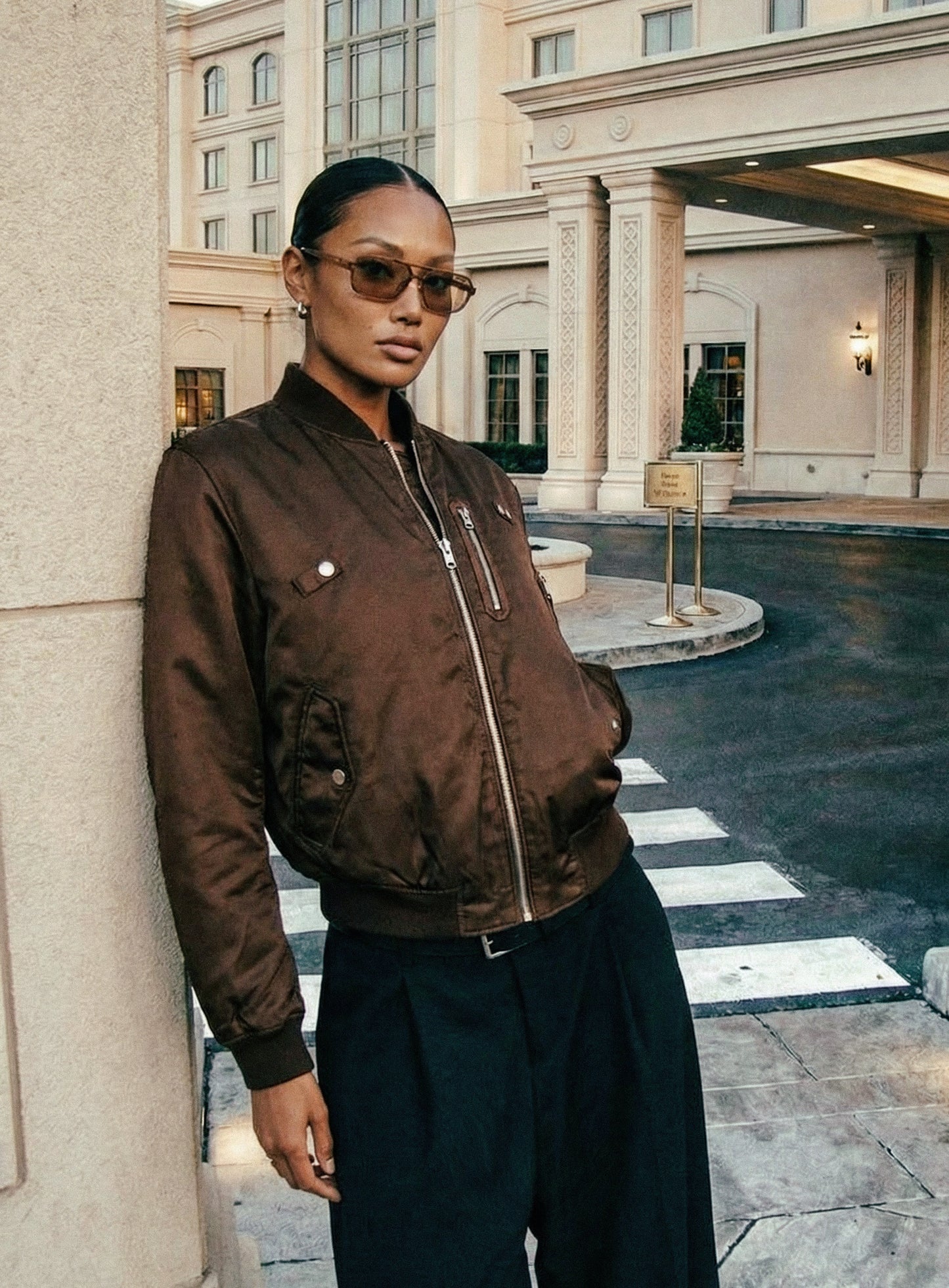 [w-jkt26-012] Satin Nylon MA-1 Jacket - Brown