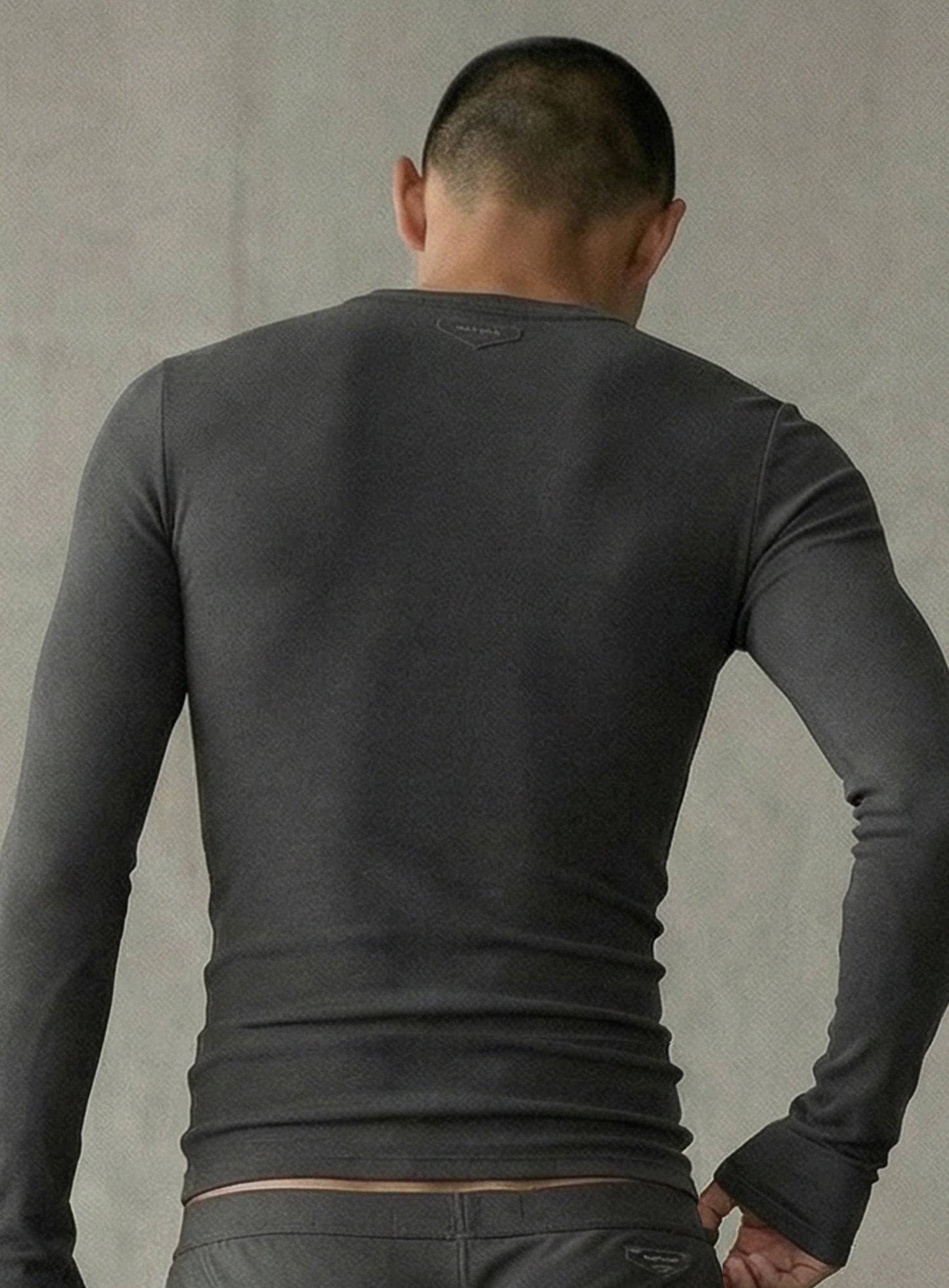 [w-tee26-043] BS Cotton Jersey Fitted Henley Neck Long Sleeve T-Shirt - Charcoal