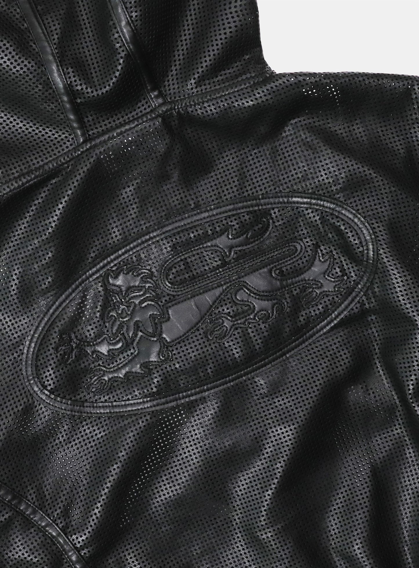 Perforated Leather Hooded Zip-Up - Black
