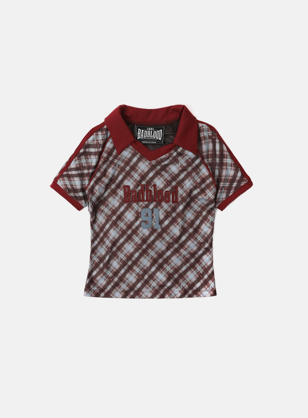 [AQUA] Vintage Club V-Neck Check T-Shirt - Red