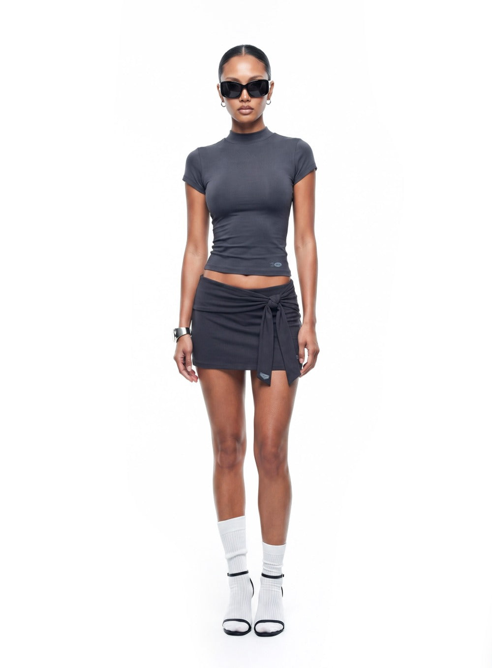 [w-tee26-111] Everyday Mock-Neck Short Sleeve T-Shirt - Charcoal