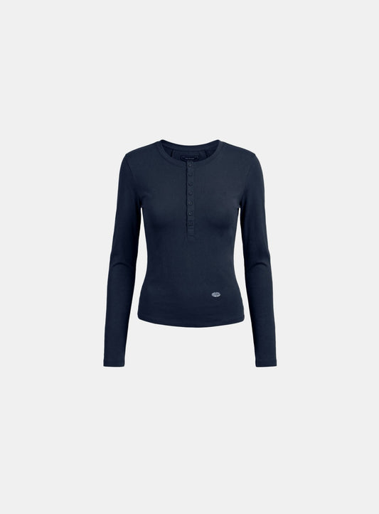 [w-tee26-058] Sleek Cotton Henley Neck Long Sleeve T-Shirt - Navy