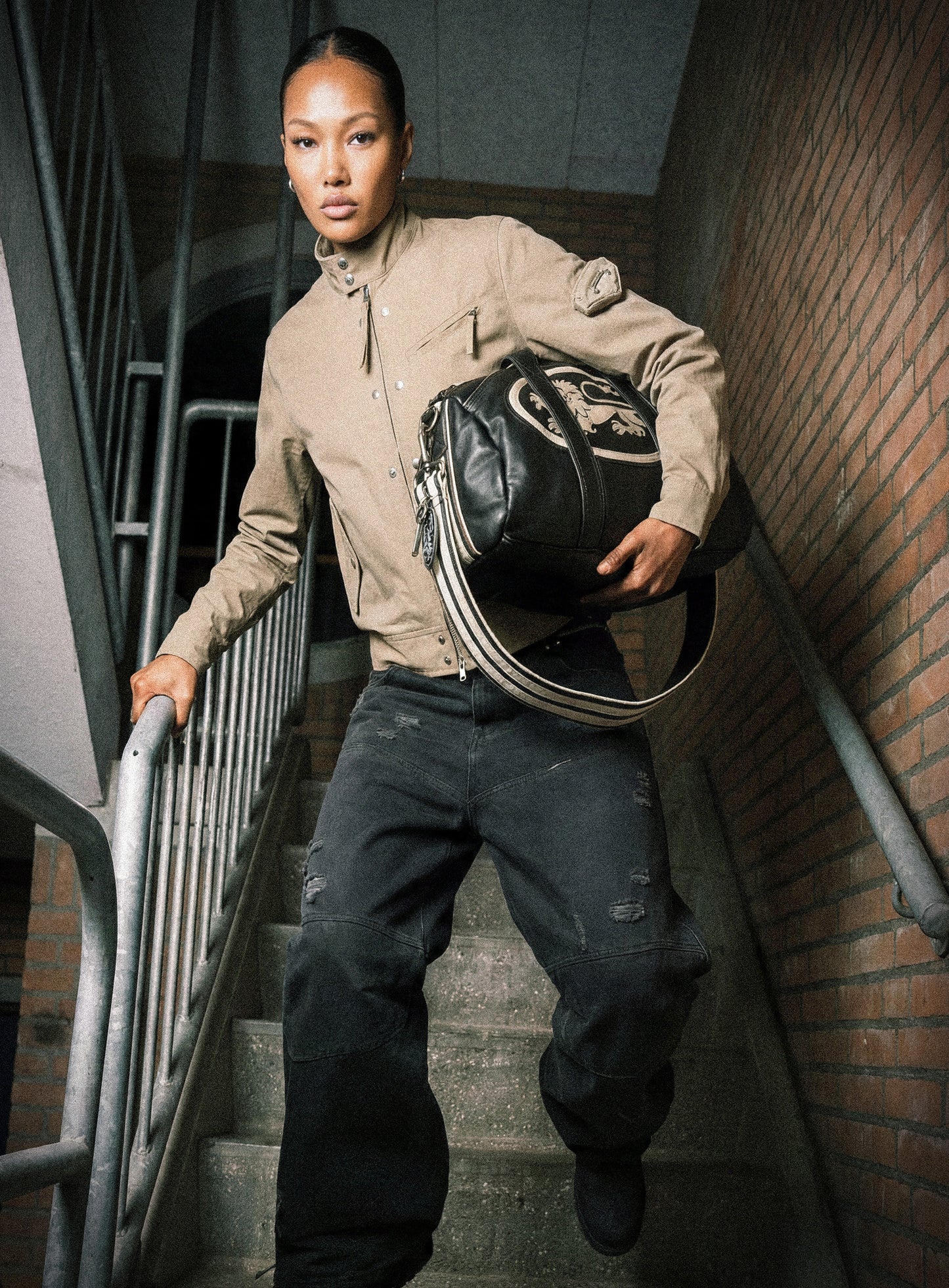 [w-bag25-001] Billy Old Effect 2 Way Large Duffel Bag - Khaki Black