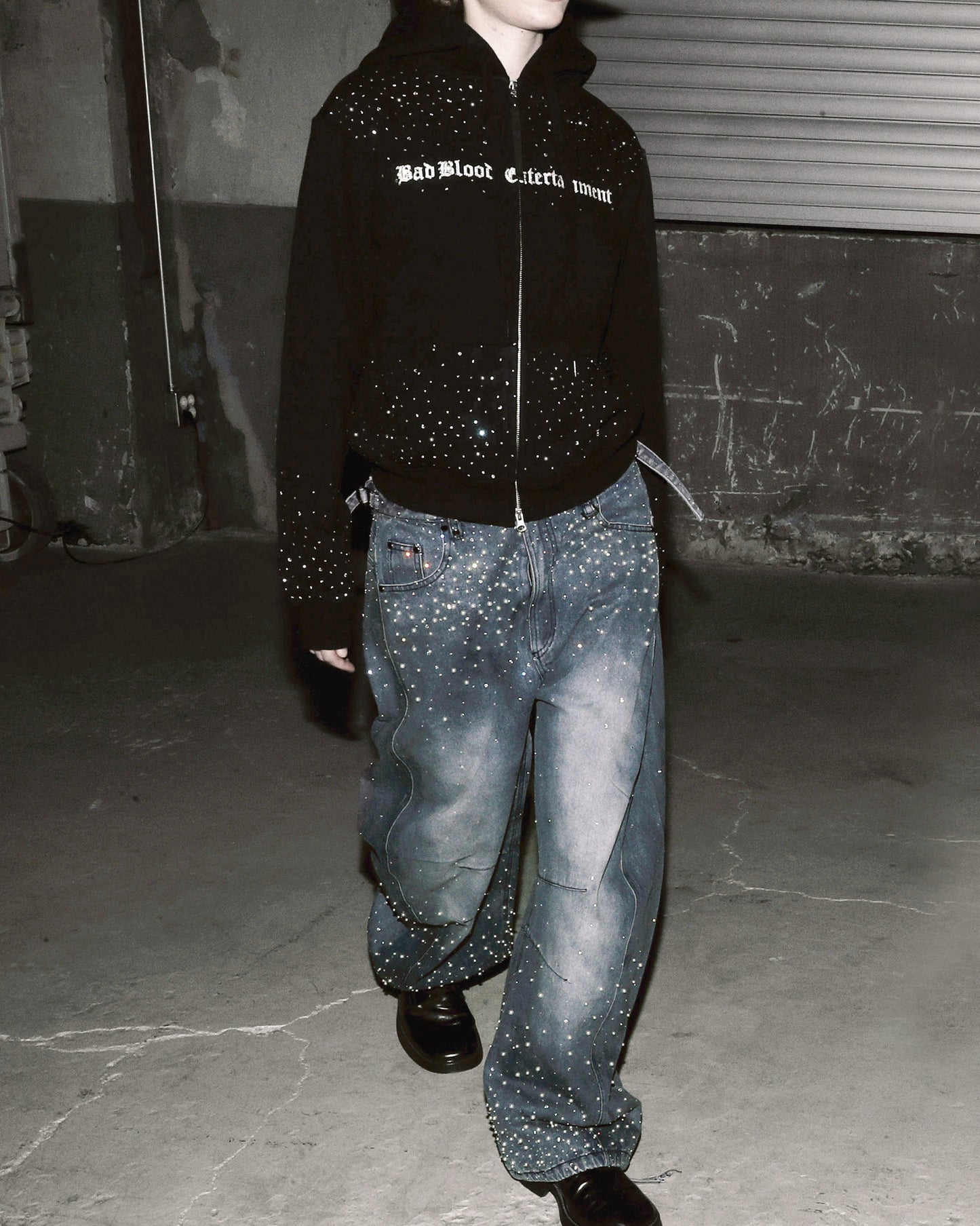 [w-hde25-076] BBNT Rhinestone Hoodie - Black