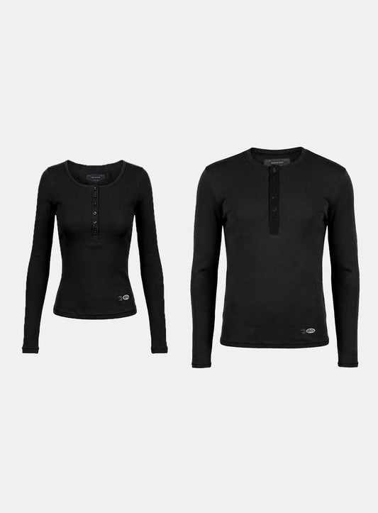 [w-tee26-044] BS Cotton Jersey Fitted Henley Neck Long Sleeve T-Shirt - Black