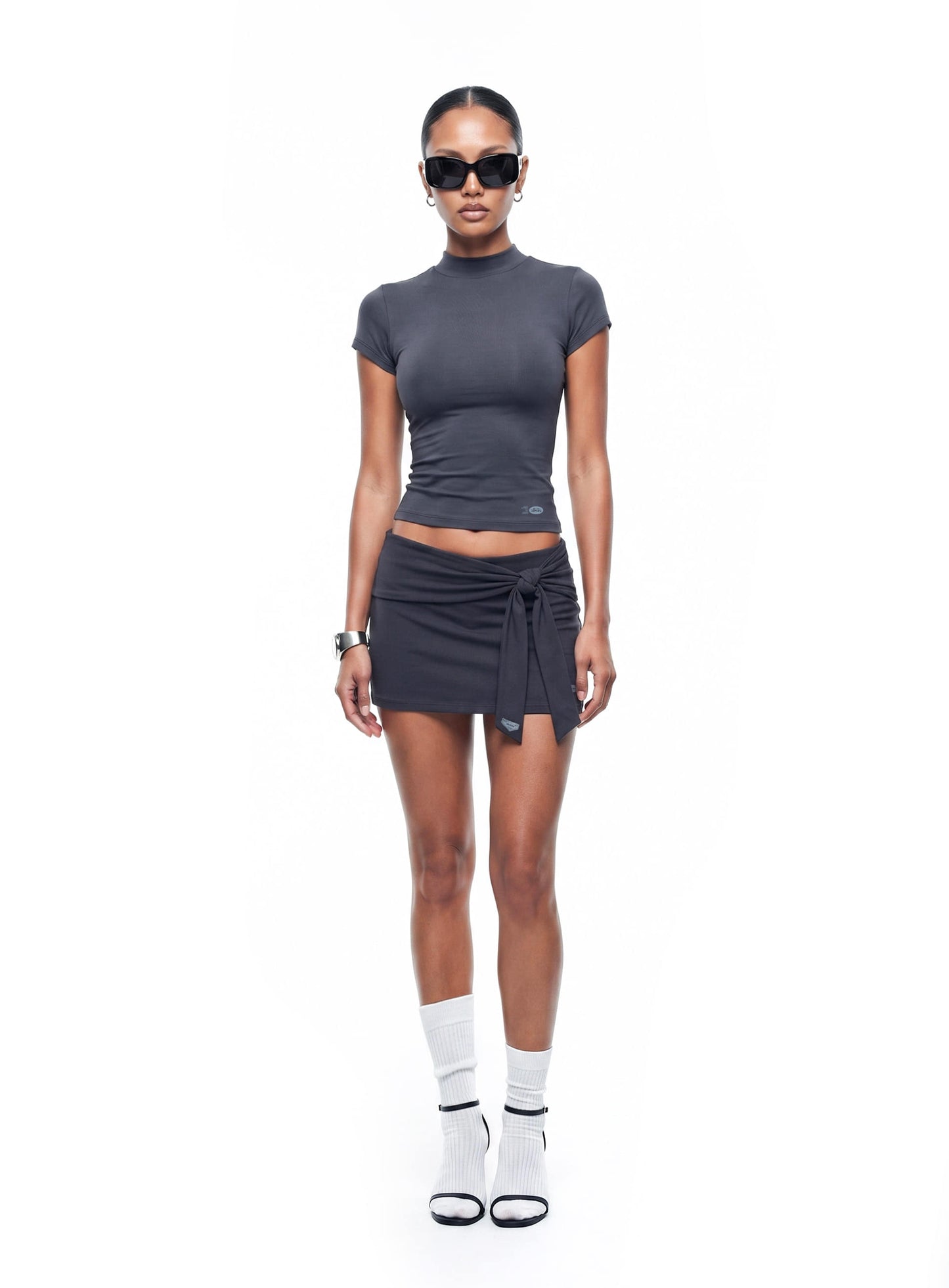 [w-tee26-111] Everyday Mock-Neck Short Sleeve T-Shirt - Charcoal