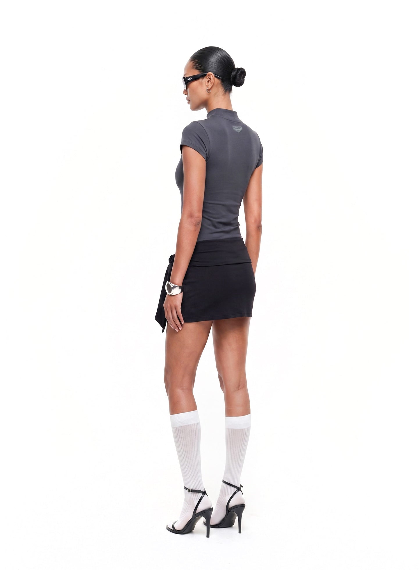 [w-tee26-111] Everyday Mock-Neck Short Sleeve T-Shirt - Charcoal
