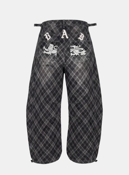 [w-pts25-124] Lion Patch Washed Barrel Pants - Black Denim Check