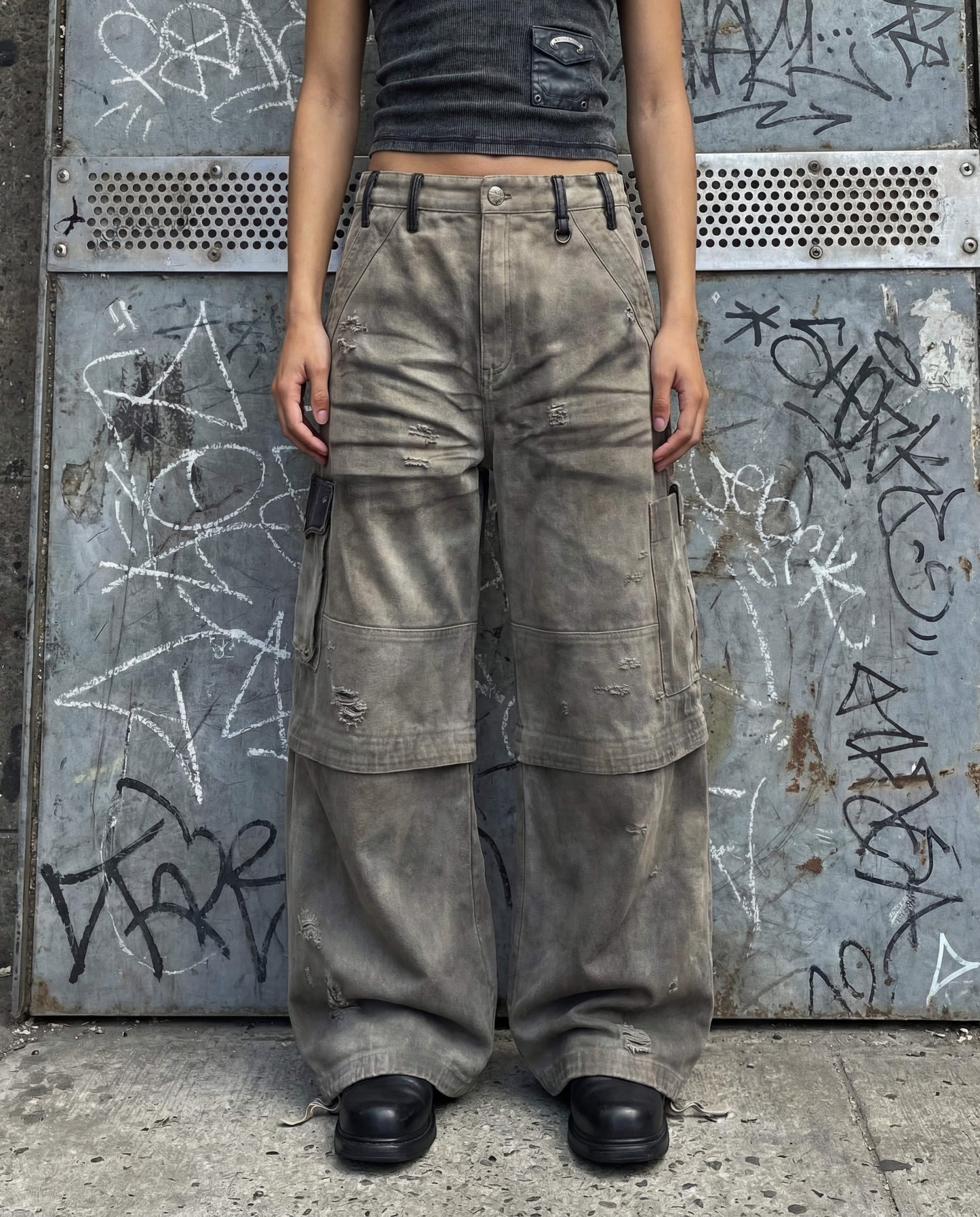 [w-pts25-114] Distressed Convertible Cargo Pants - Charcoal