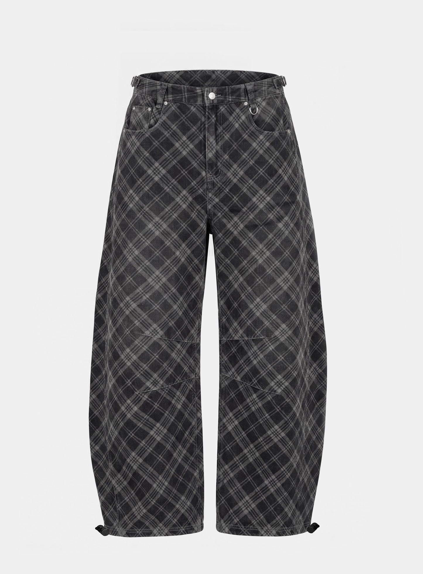 [w-pts25-124] Lion Patch Washed Barrel Pants - Black Denim Check