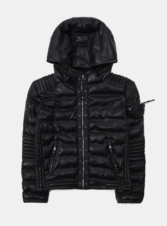 [w-jkt25-055] Viper 31-2 Midweight Biker Hooded Puffer - Black Leather