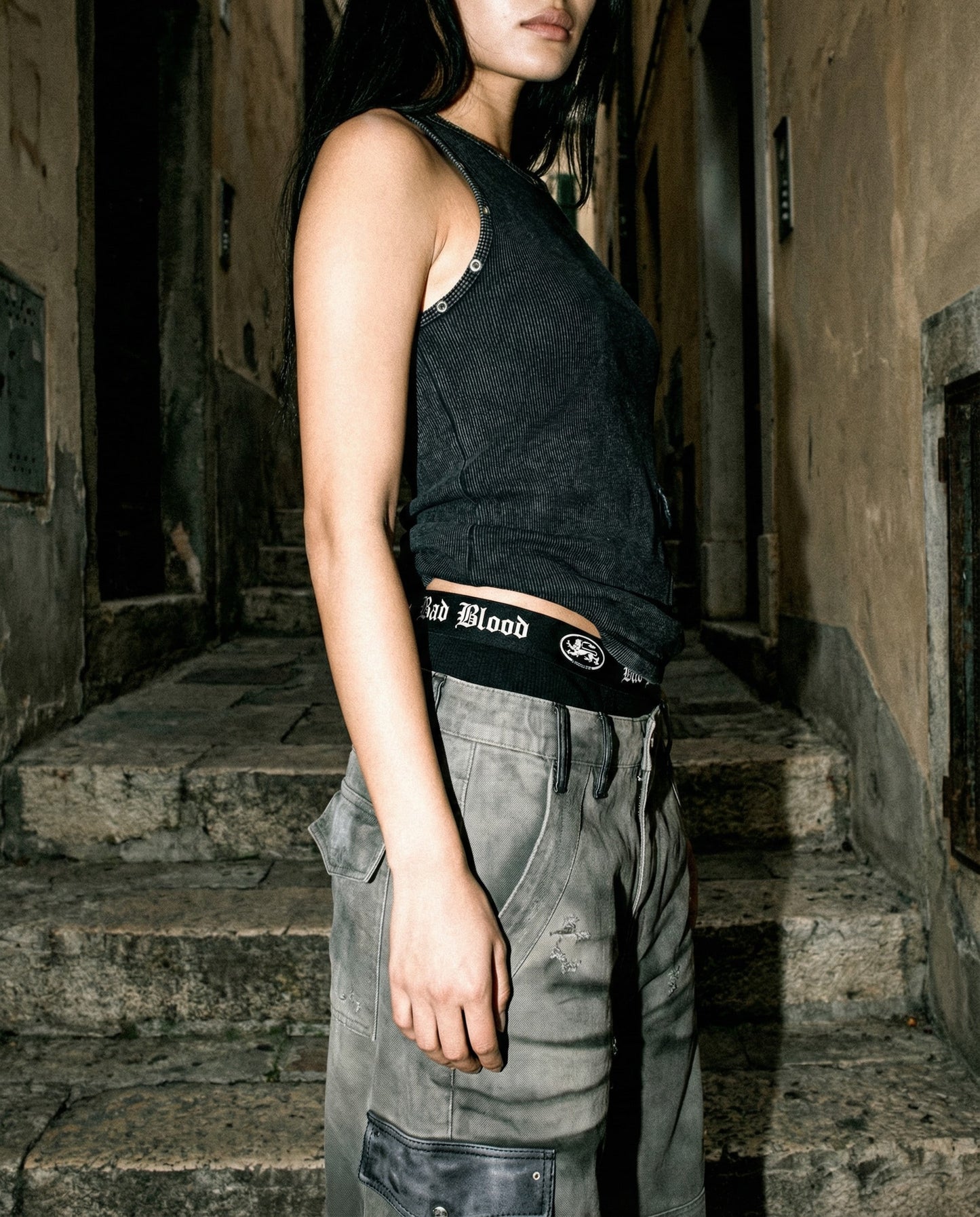 [w-pts25-114] Distressed Convertible Cargo Pants - Charcoal