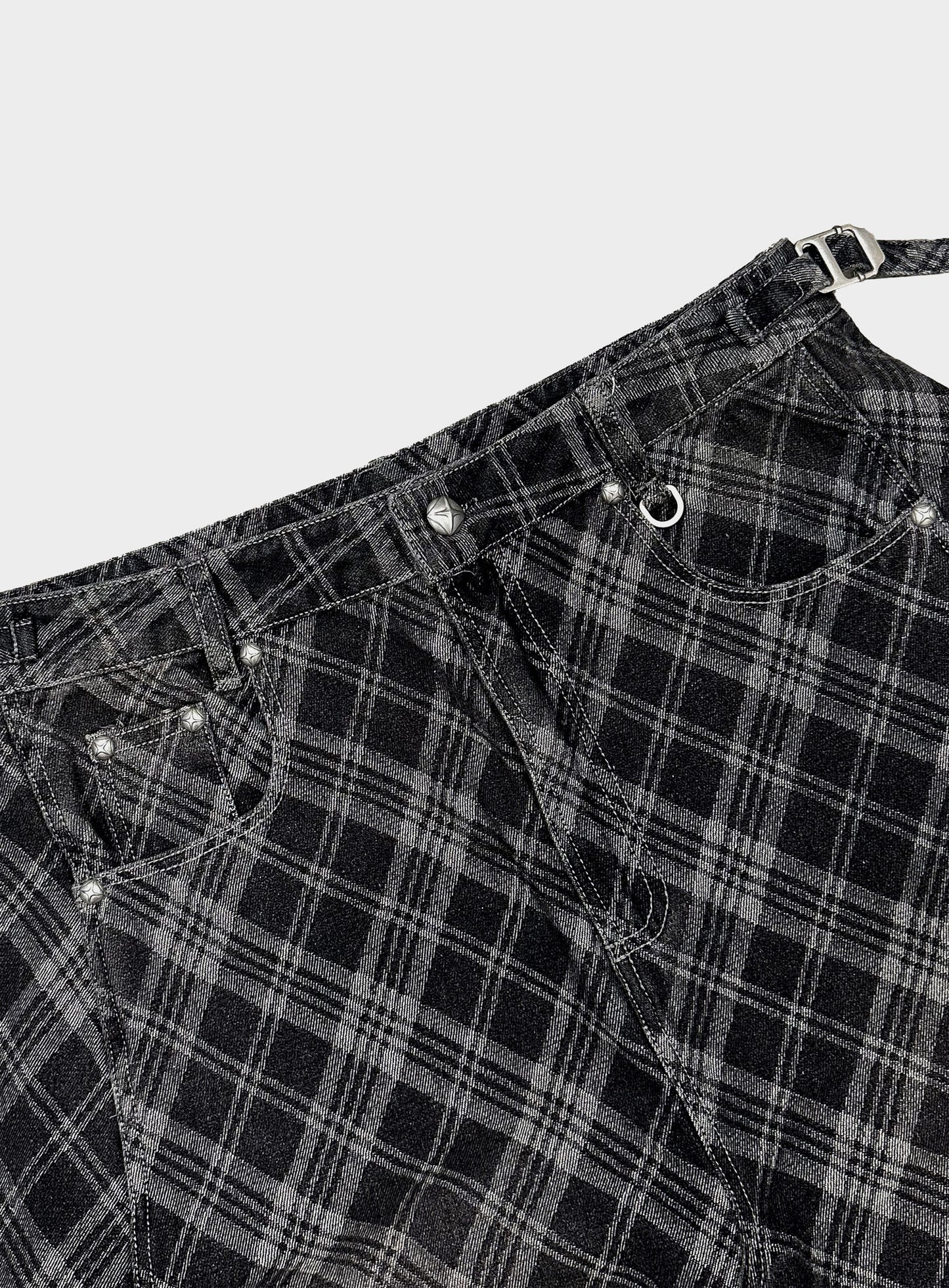 [w-pts25-124] Lion Patch Washed Barrel Pants - Black Denim Check