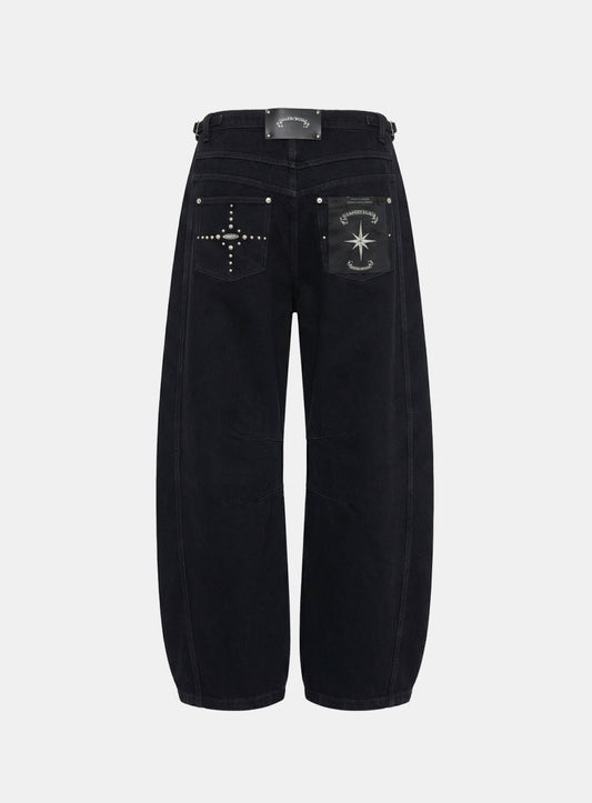 [w-pts26-014] Star-Studded Barrel Pants - Black