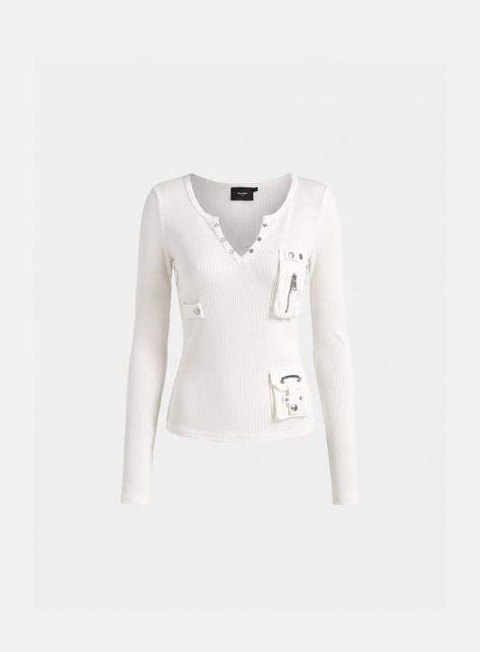 [w-tee26-258] Delta 2 Utility Cotton Rib Slit Crew Long Sleeve – White