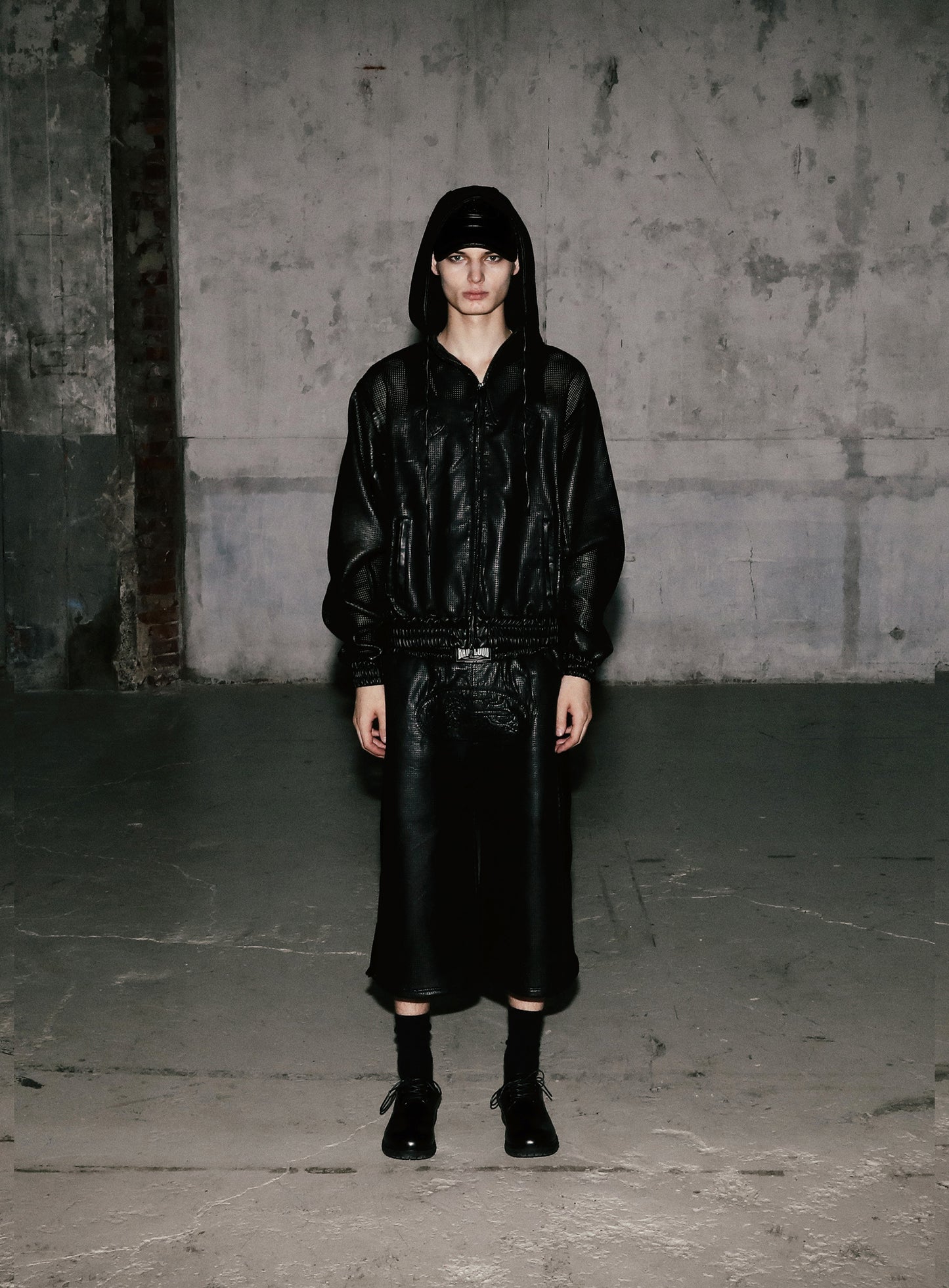 Perforated Leather Hooded Zip-Up - Black