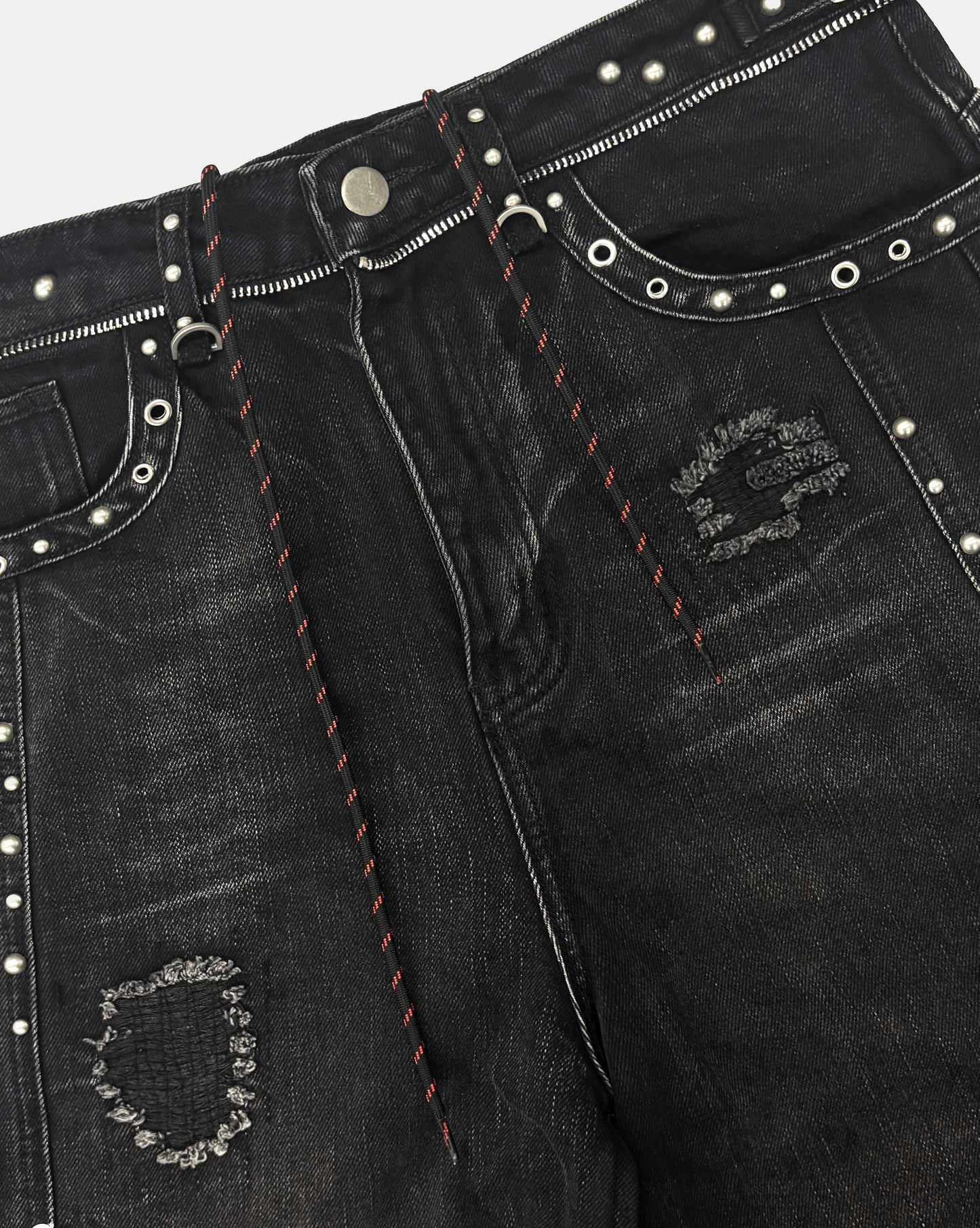 [w-pts25-080] Line Studded Curved Denim Pants - Black