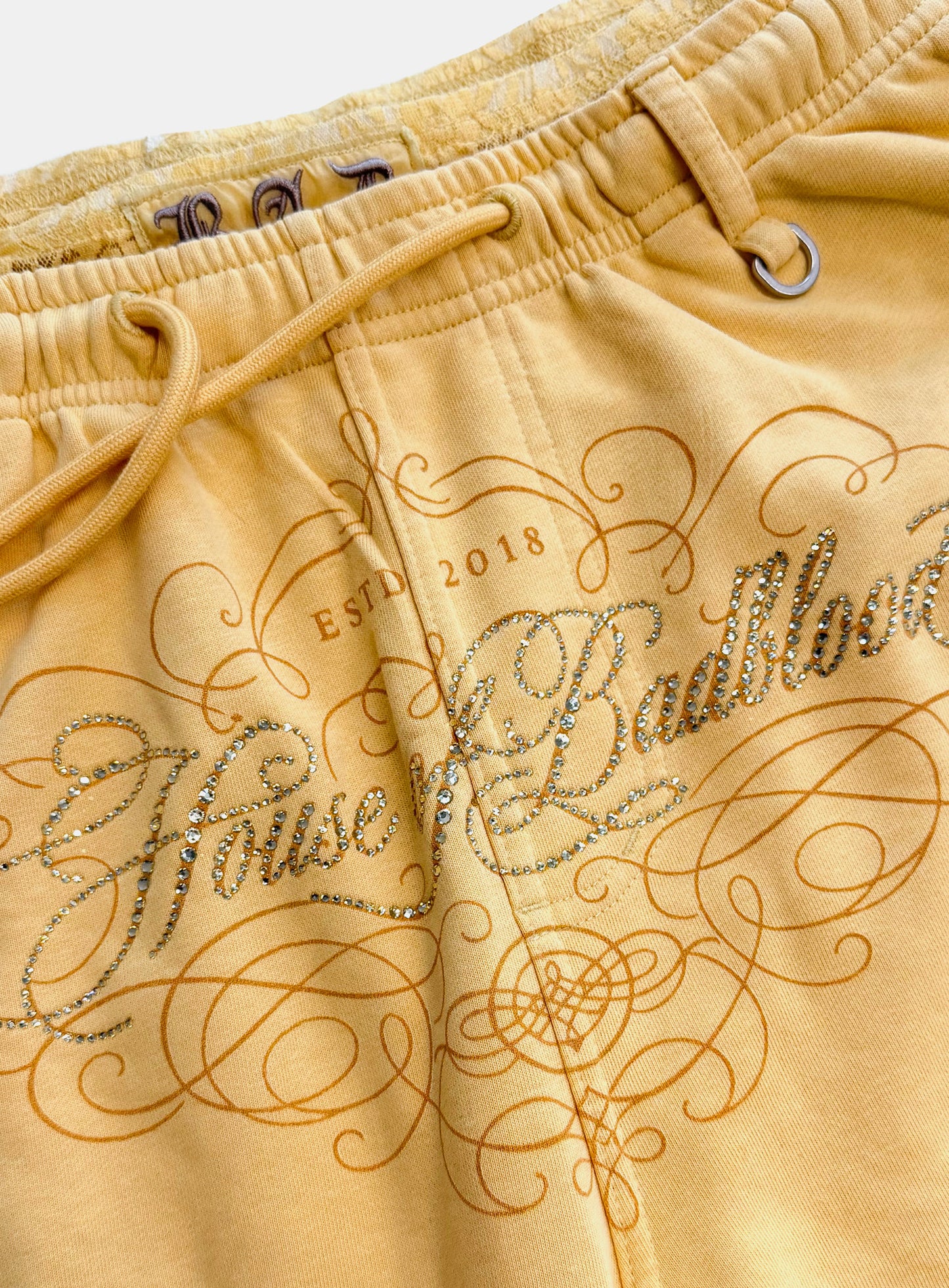 [w-pts26-125] H.B.B. Royal Lace Rhinestone Lightweight Jogger Pants - Yellow