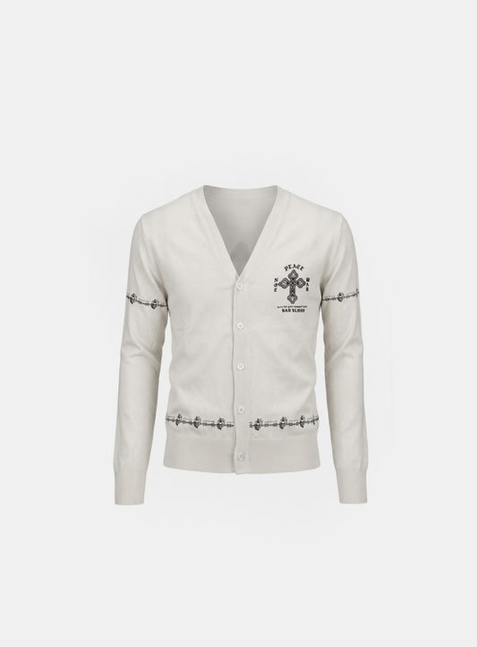 [w-knt26-041] Peace Not War UV Cooling Cardigan - White