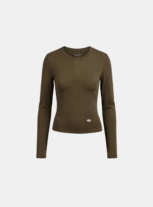 [w-tee26-033] Sleek Cotton Long Sleeve T-Shirt - Khaki Brown