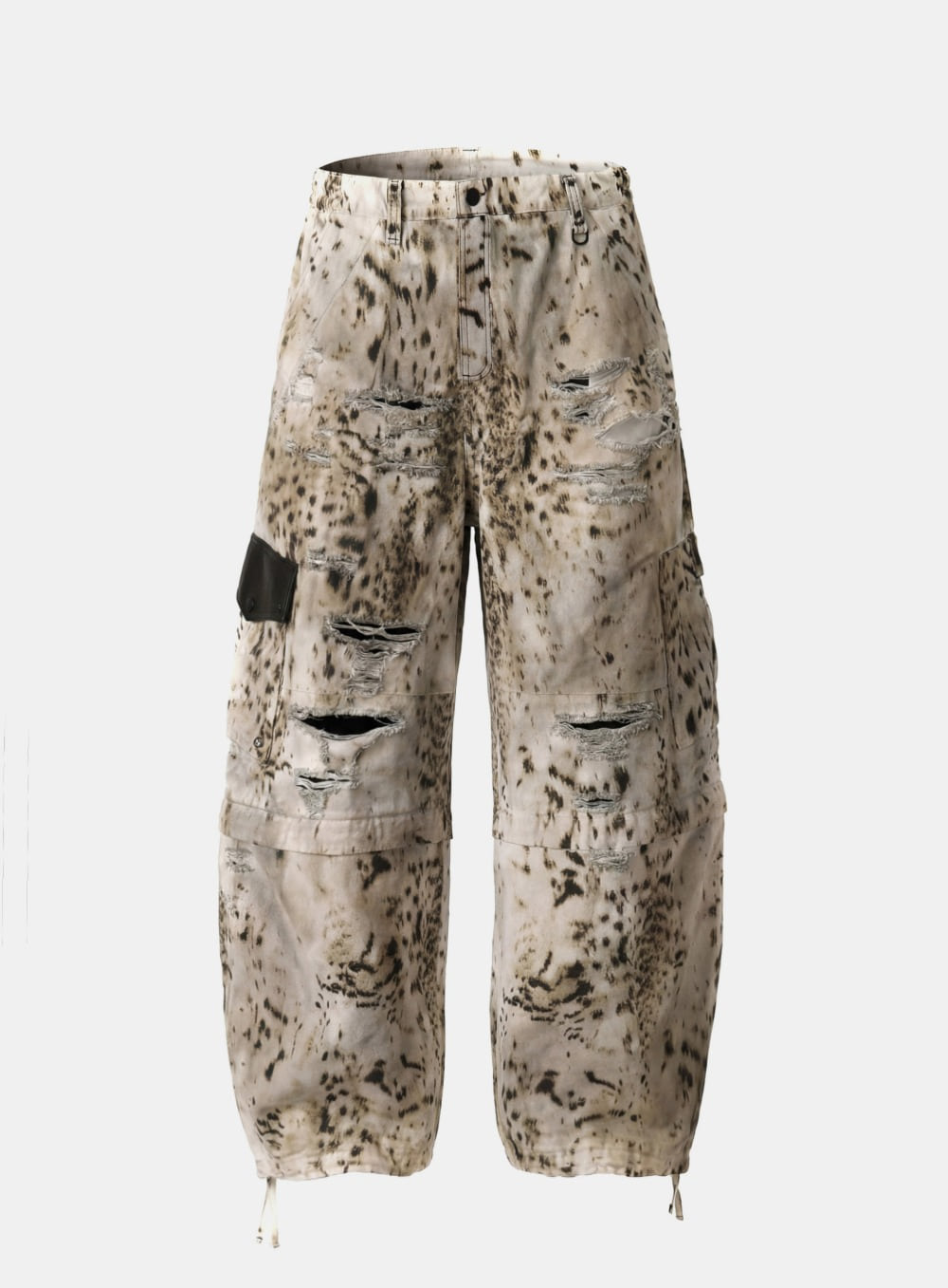 [w-pts25-088] Distressed Convertible Cargo Pants - Oil Leopard