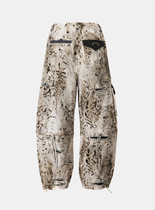 [w-pts25-088] Distressed Convertible Cargo Pants - Oil Leopard