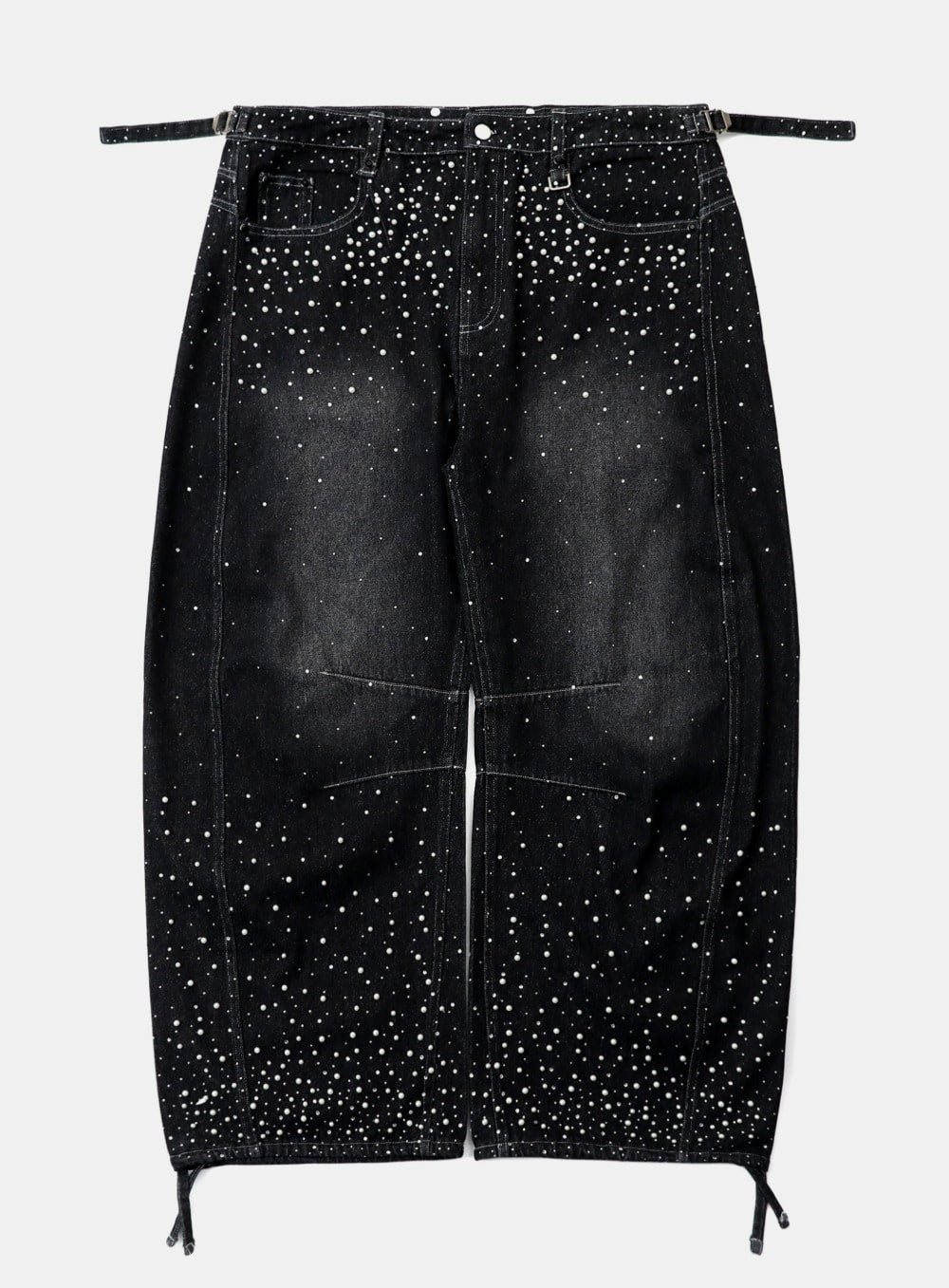 [w-pts25-092] BBNT Rhinestone Curved Pants – Black