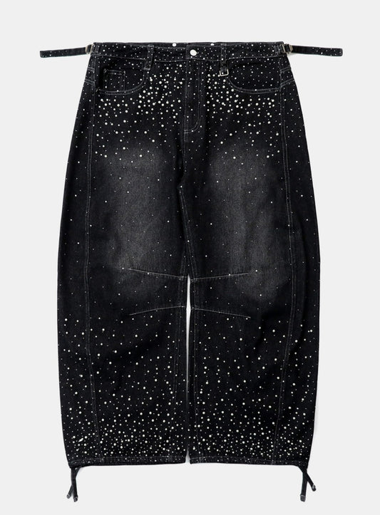 [w-pts25-092] BBNT Rhinestone Curved Pants – Black