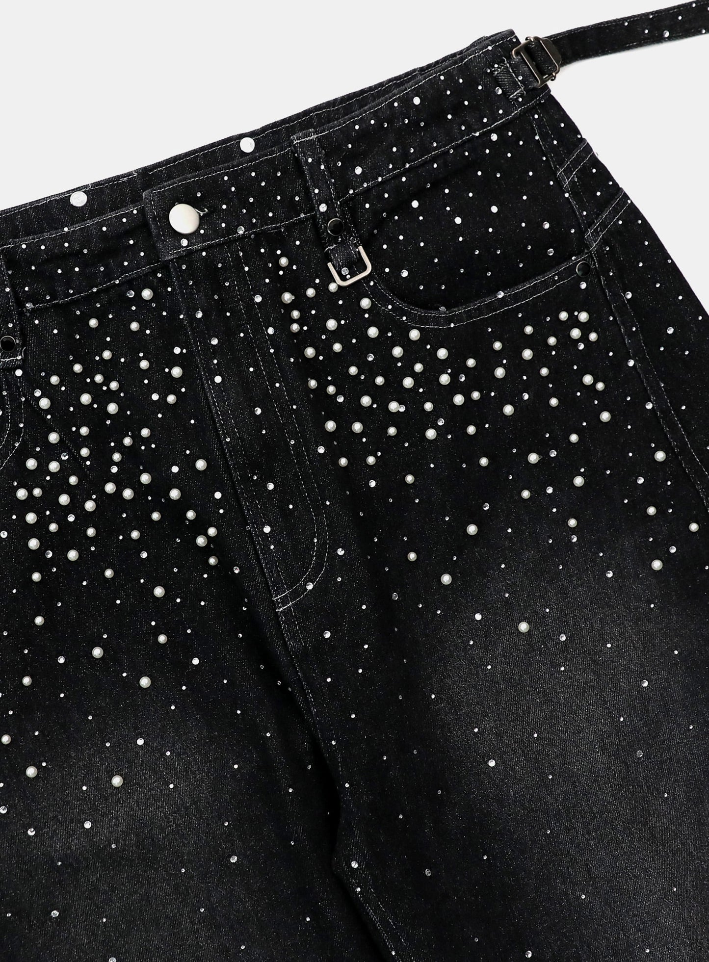 [w-pts25-092] BBNT Rhinestone Curved Pants – Black