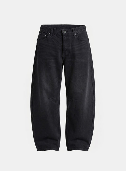 [w-pts26-096] 0521 Cinch-Back Semi Curved Pants - Black Denim