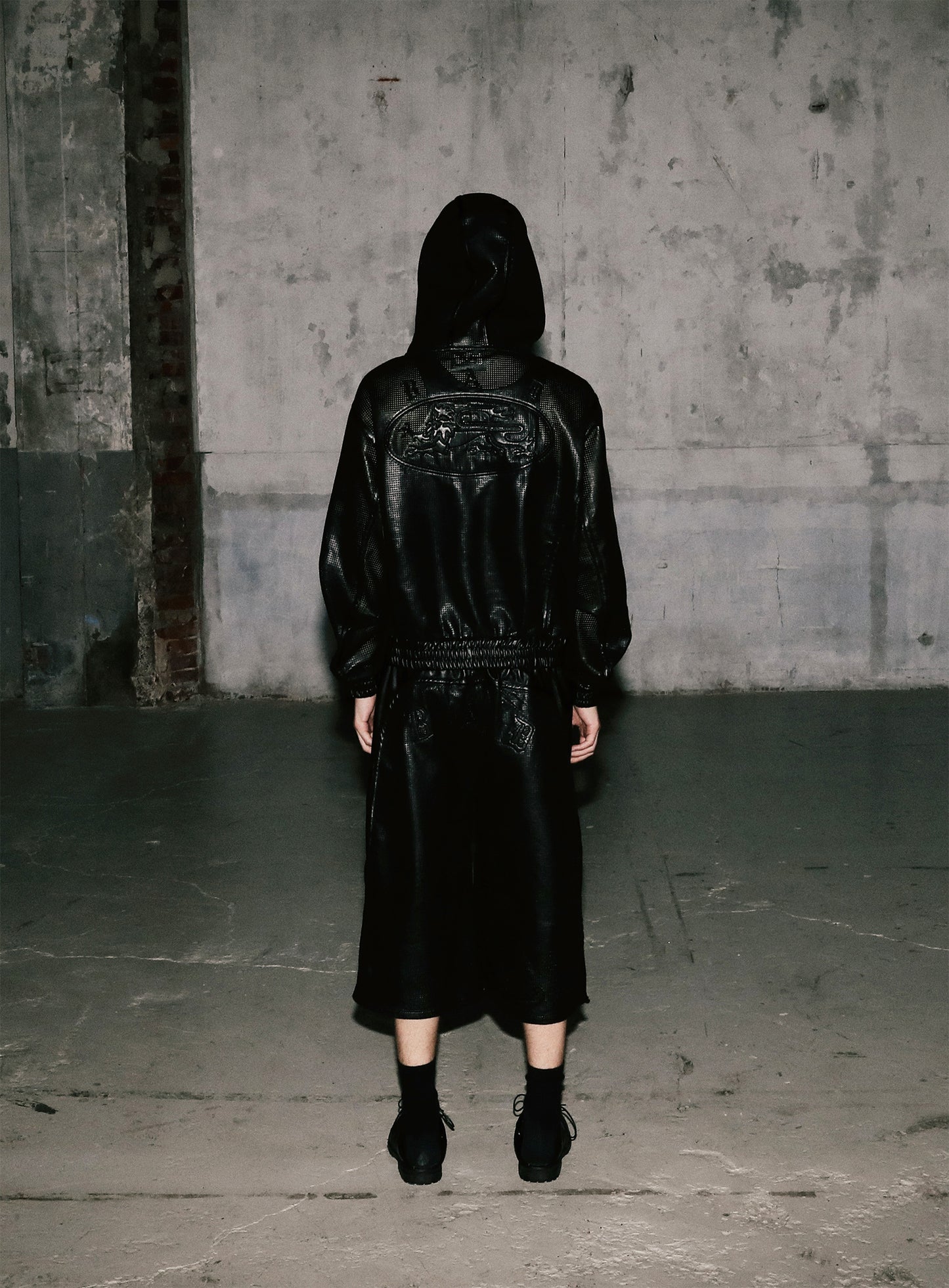 Perforated Leather Hooded Zip-Up - Black