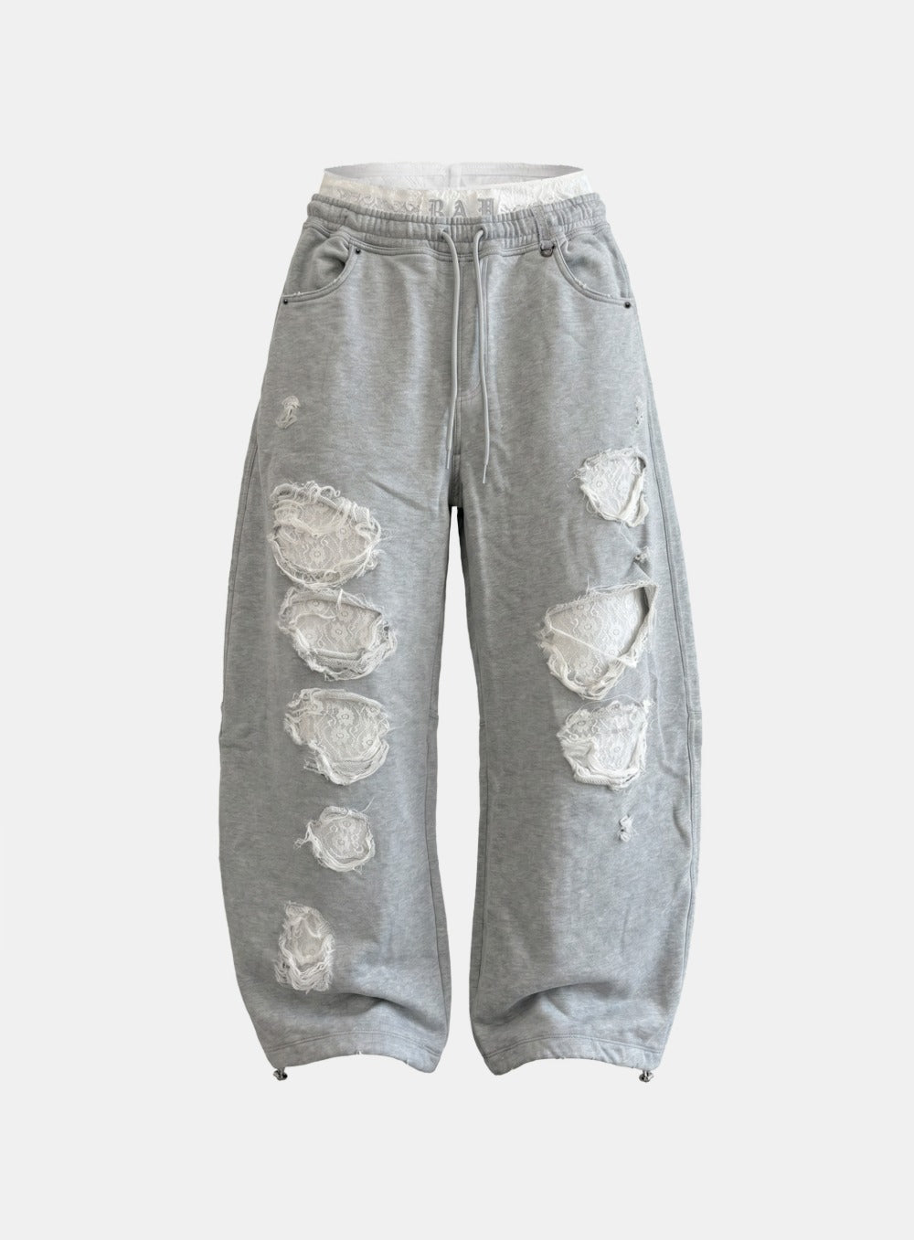 [w-pts26-104] Lace Layered Destroyed Curved Joggers - Gray