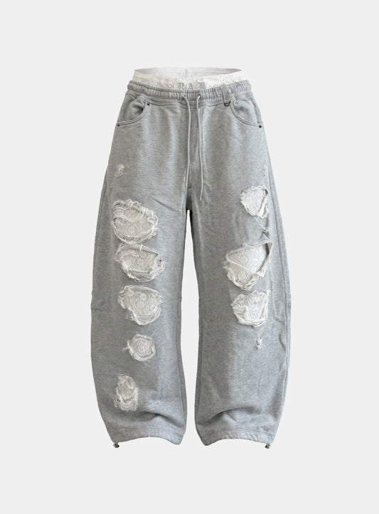 [w-pts26-104] Lace Layered Destroyed Curved Joggers - Gray