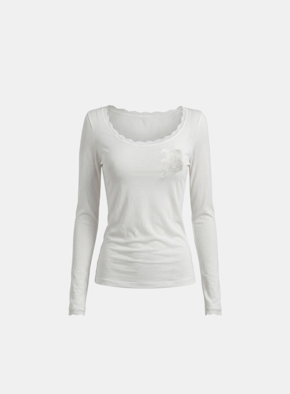 [w-tee26-178] Lace Layered Loose-Fit Long Sleeve T-Shirt - White