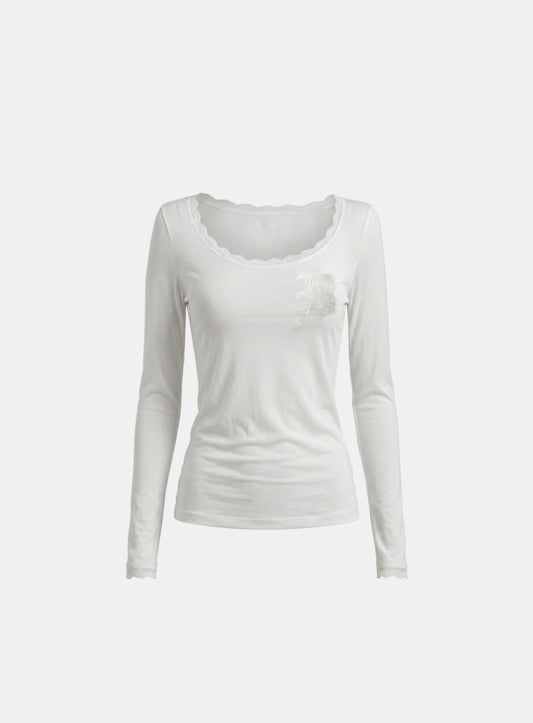 [w-tee26-178] Lace Layered Loose-Fit Long Sleeve T-Shirt - White