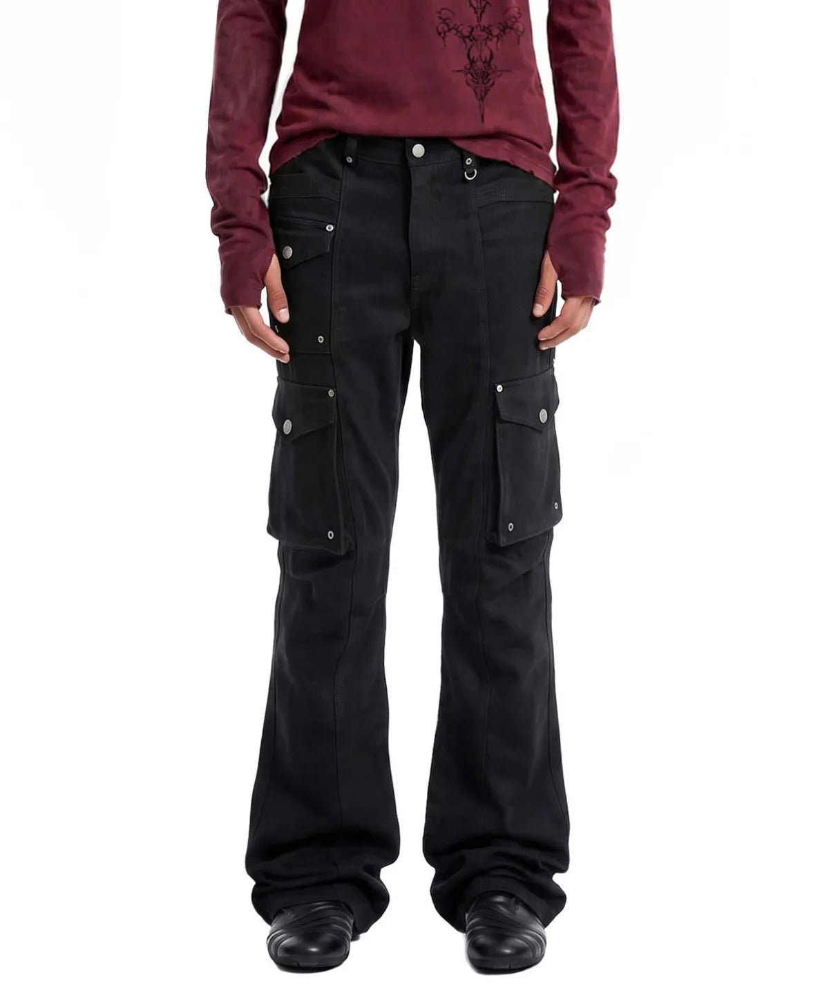 [w-pts26-122] Delta Low Crotch Bootcut Cargo Pants -Washed Black
