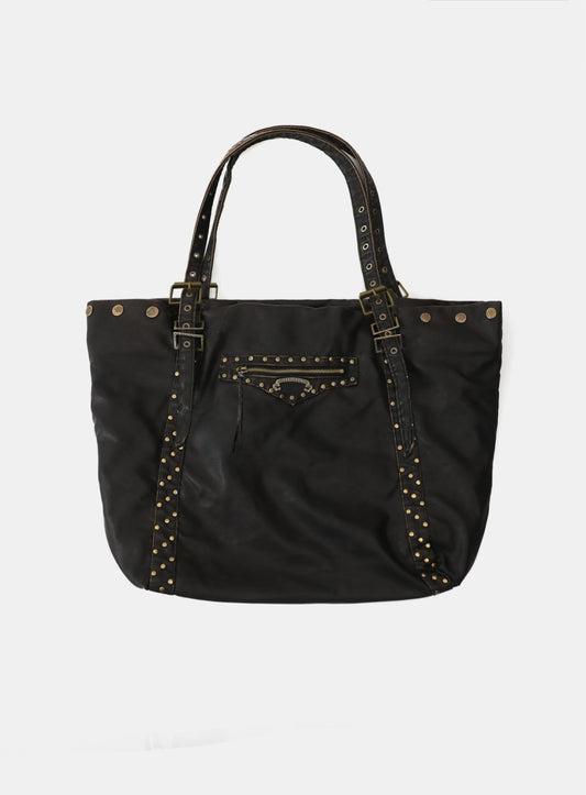 [w-bag25-011] Studded Leather Shopper Bag - Washed Black