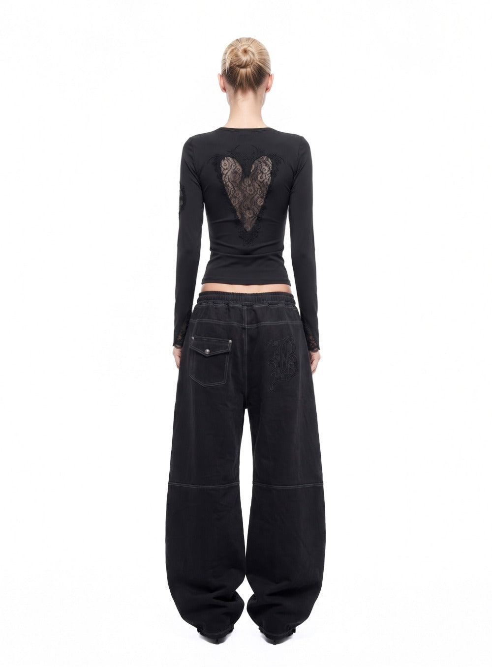 [w-tee26-294] H.B.B. Lace Back Point Crew Neck Long Sleeve - Black
