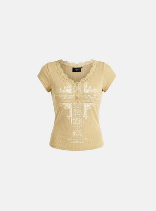 [w-tee26-241] Loyal Cross Lace Neck 1/2 Henry T-shirt - Yellow