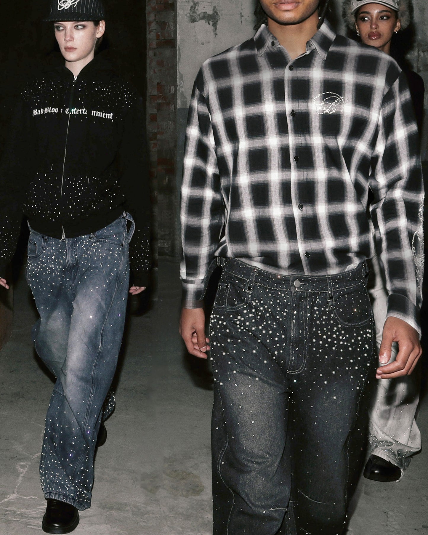 [w-pts25-092] BBNT Rhinestone Curved Pants – Black