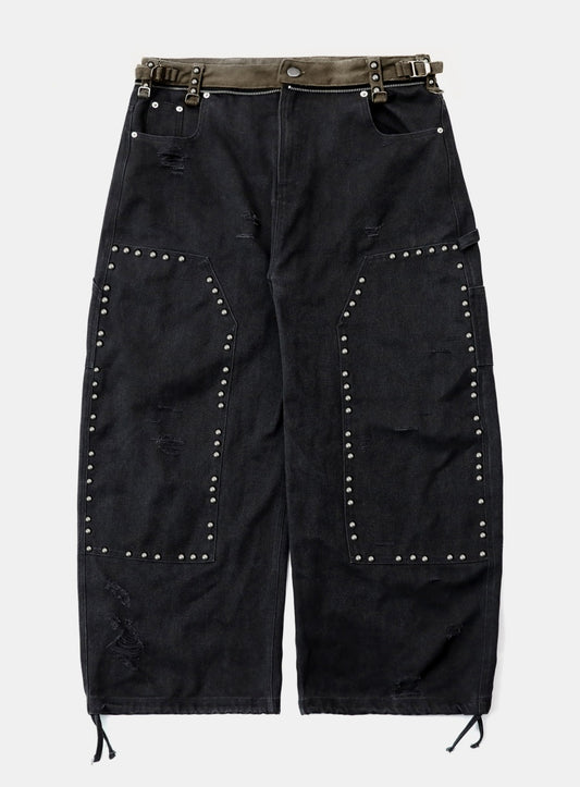 [w-pts25-083] Studded Carpenter Curved Pants - Black