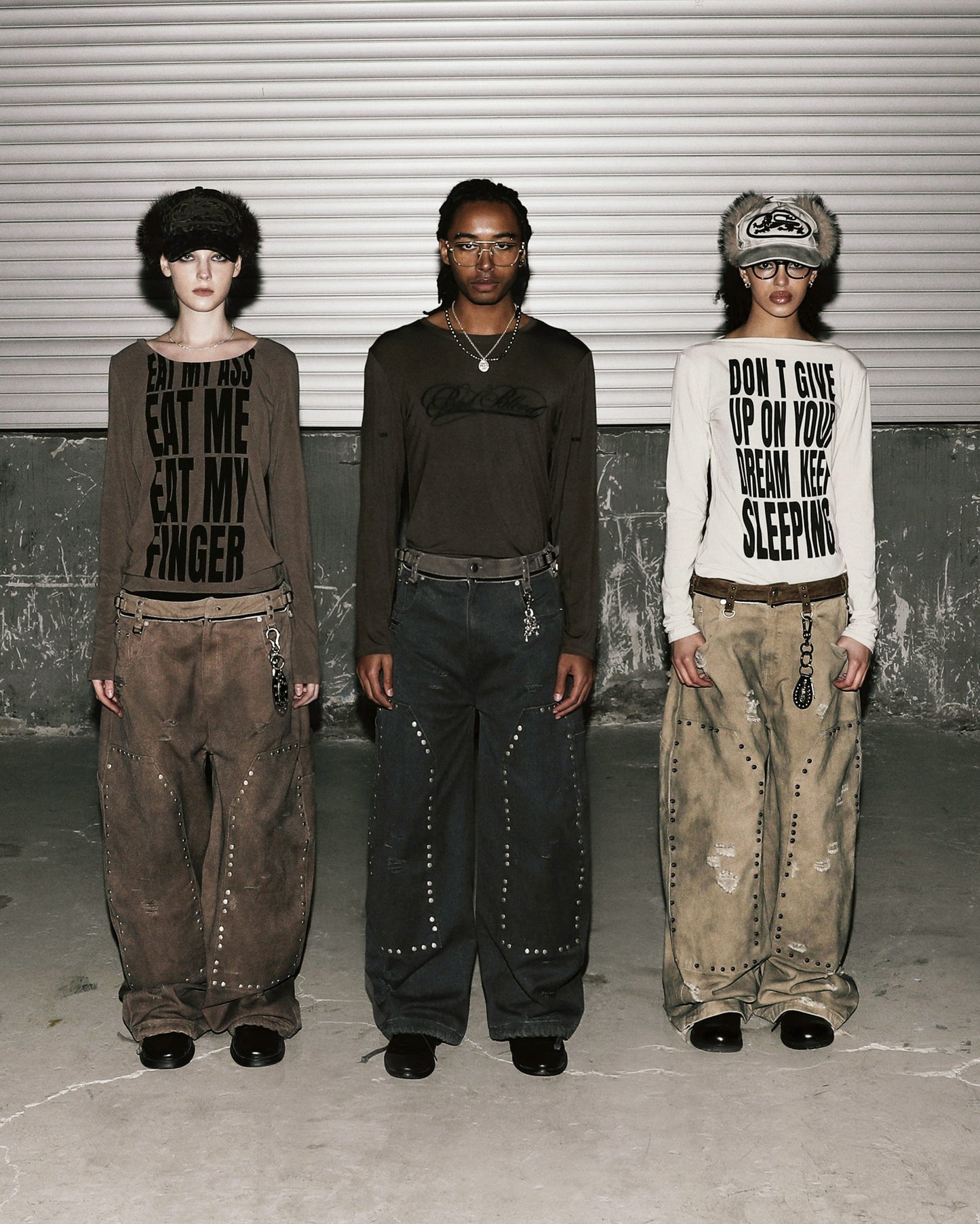 [w-pts25-081] Studded Carpenter Curved Pants - Beige