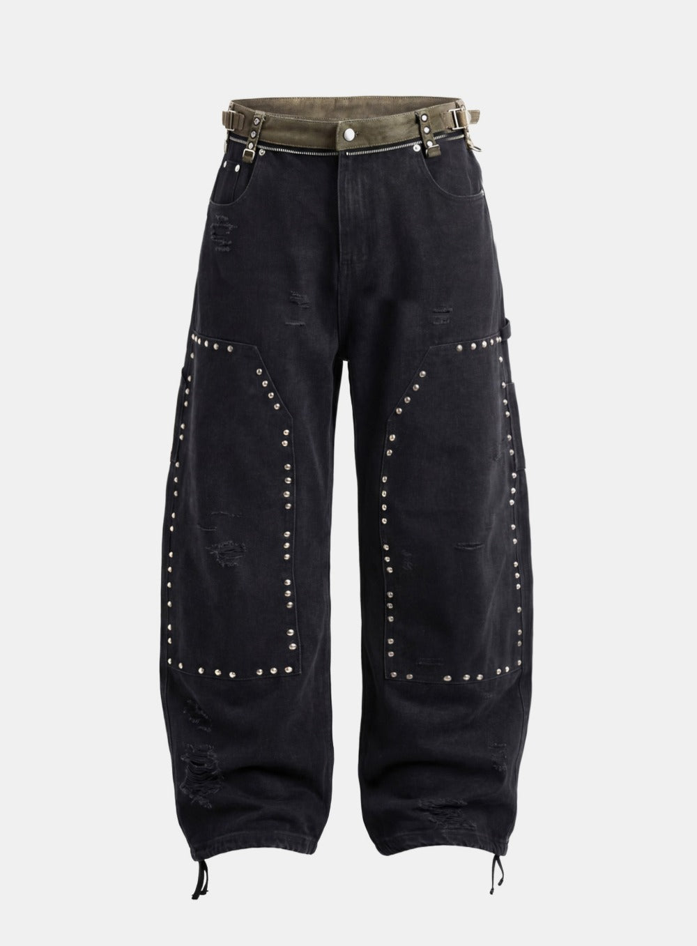 [w-pts25-083] Studded Carpenter Curved Pants - Black