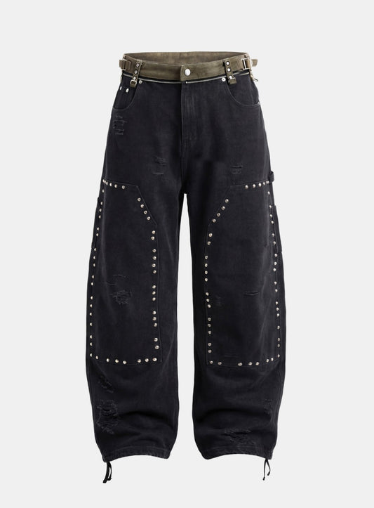 [w-pts25-083] Studded Carpenter Curved Pants - Black