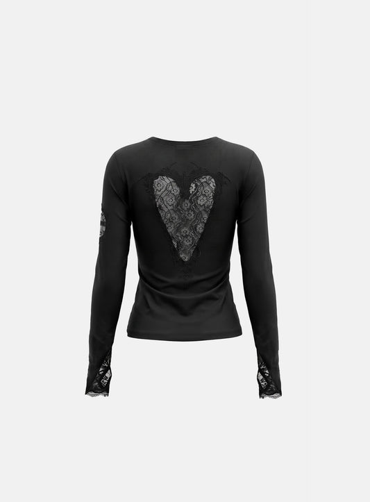 [w-tee26-294] H.B.B. Lace Back Point Crew Neck Long Sleeve - Black