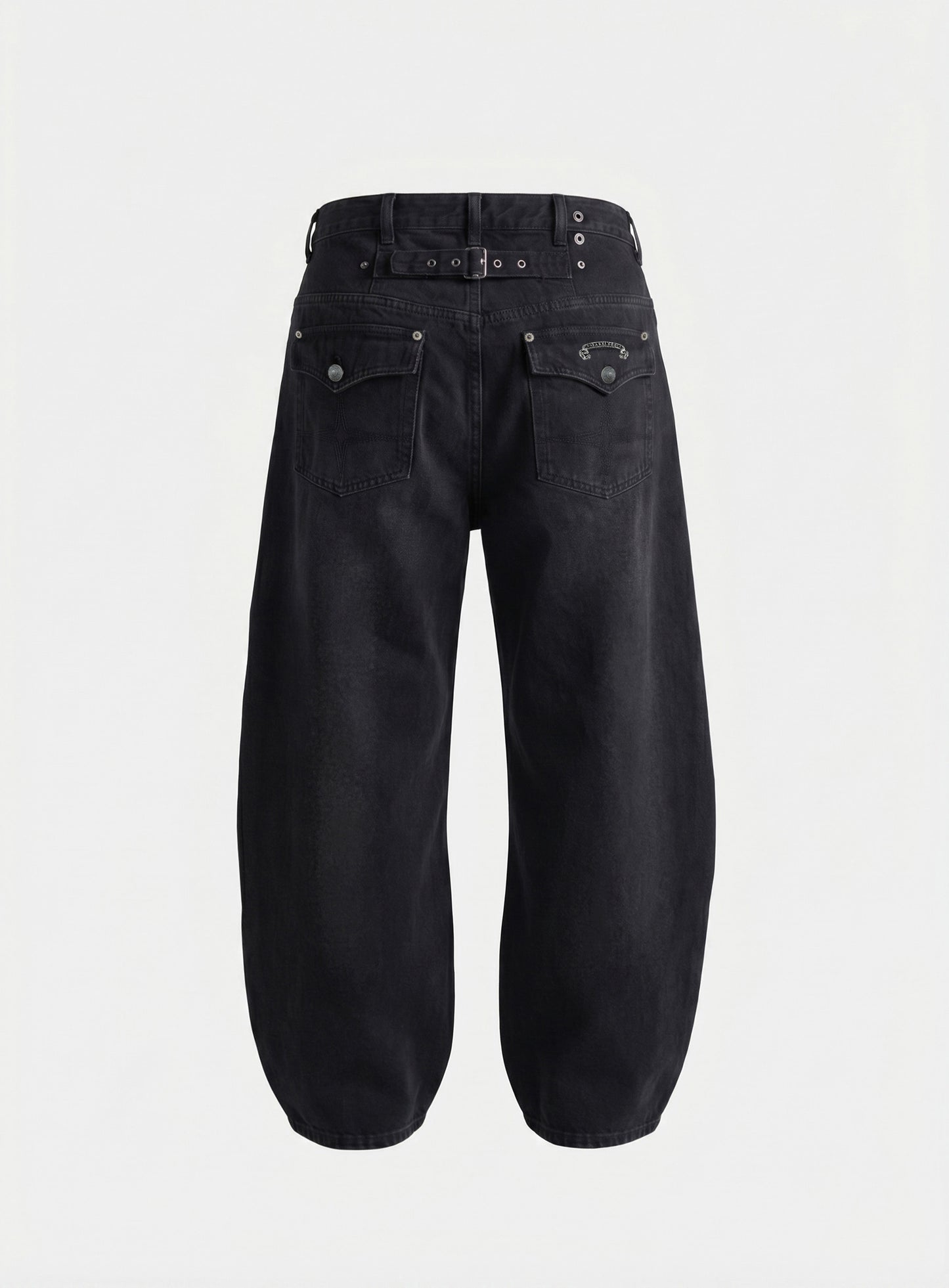 [w-pts26-096] 0521 Cinch-Back Semi Curved Pants - Black Denim
